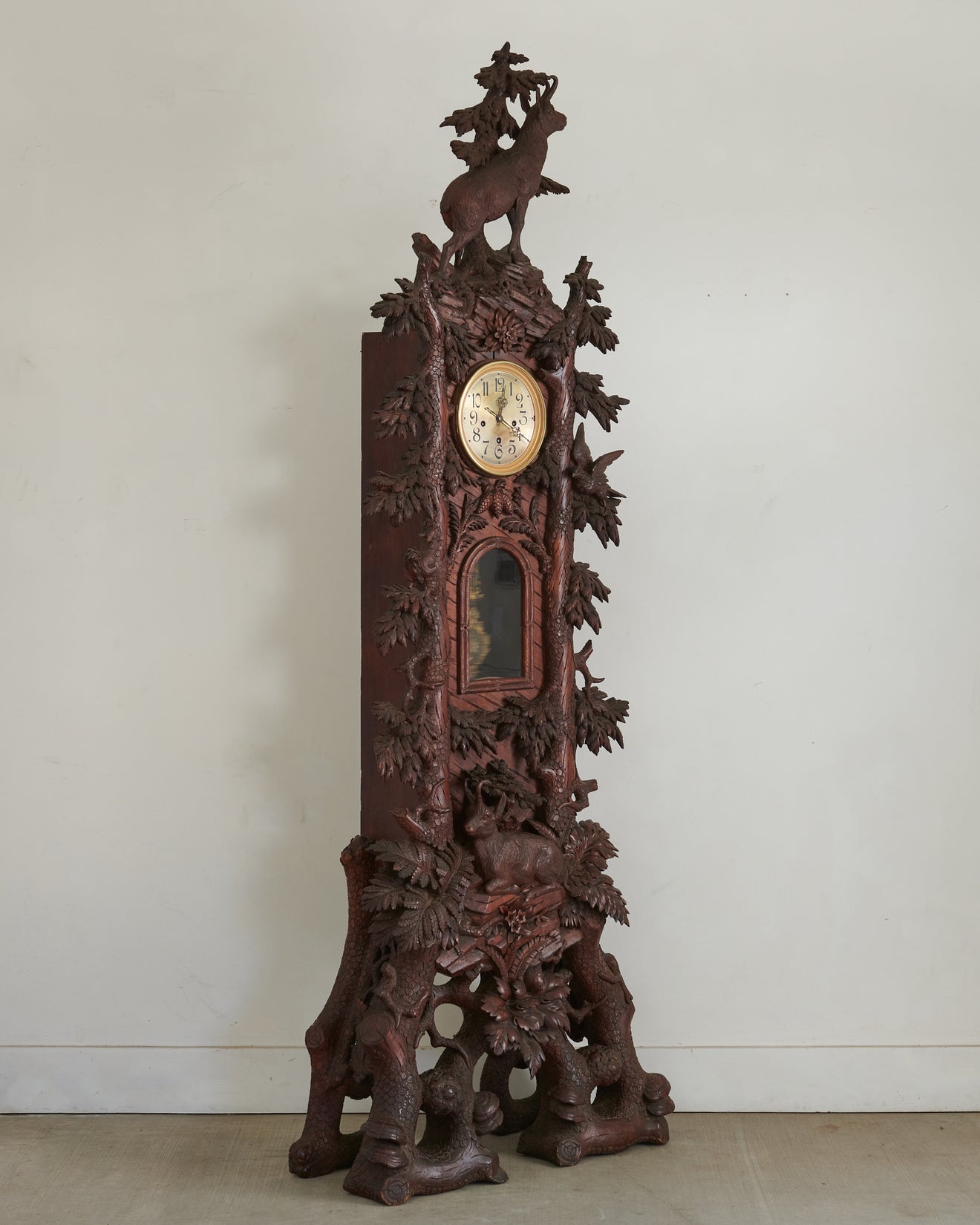 MAGNIFICENT BLACK FOREST CARVED WALNUT GRANDFATHER CLOCK
